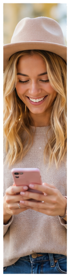 A smiling person reading a thoughtful text message