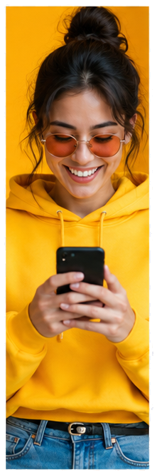 A smiling person in a yellow hoodie reading a thoughtful text message