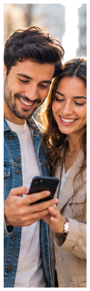 A smiling couple reading a Care Text message together